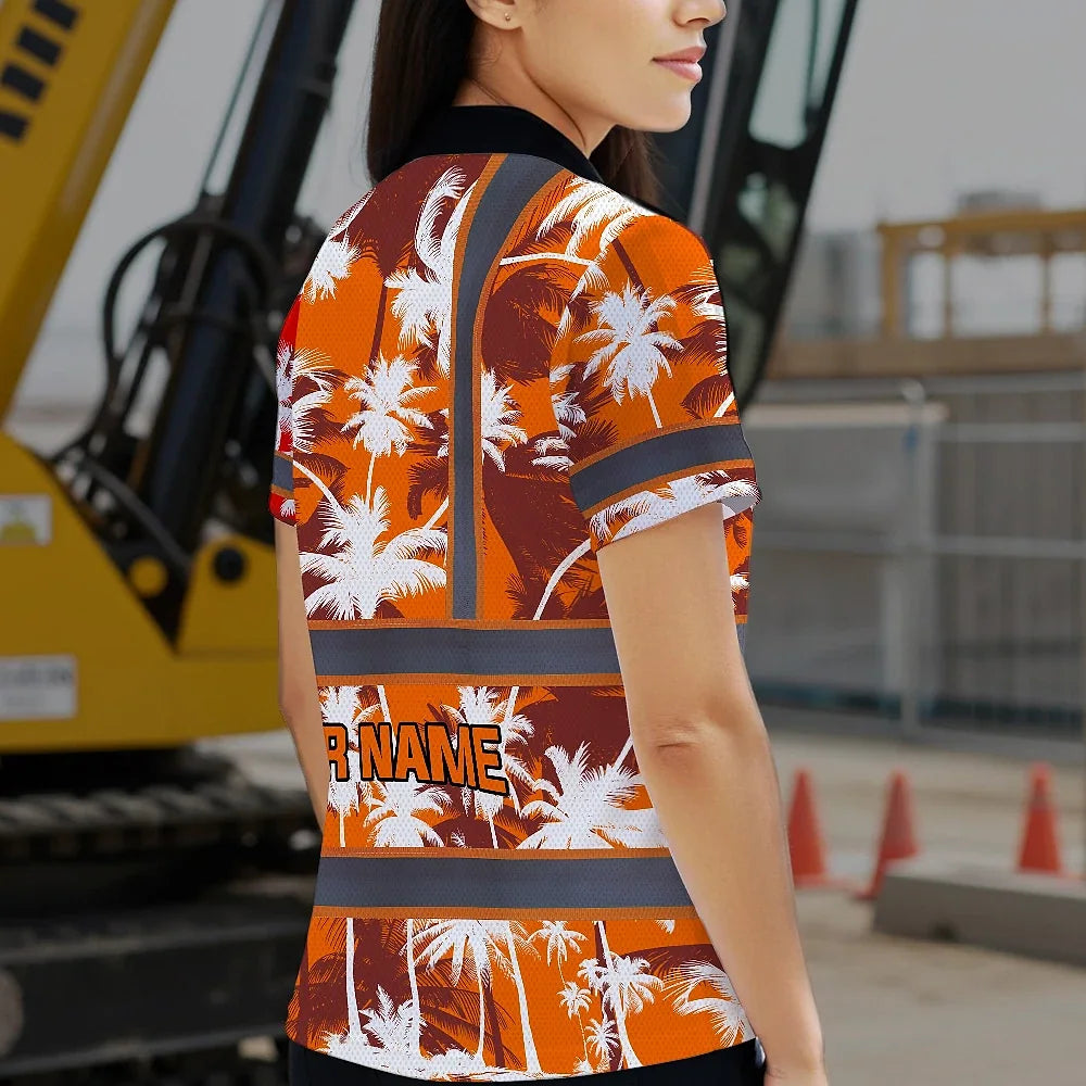Hi Vis Polo Shirt Reflective Tapes Orange Neon Flowers Custom Name Safety Workwear For Workers, Truckers, Operators
