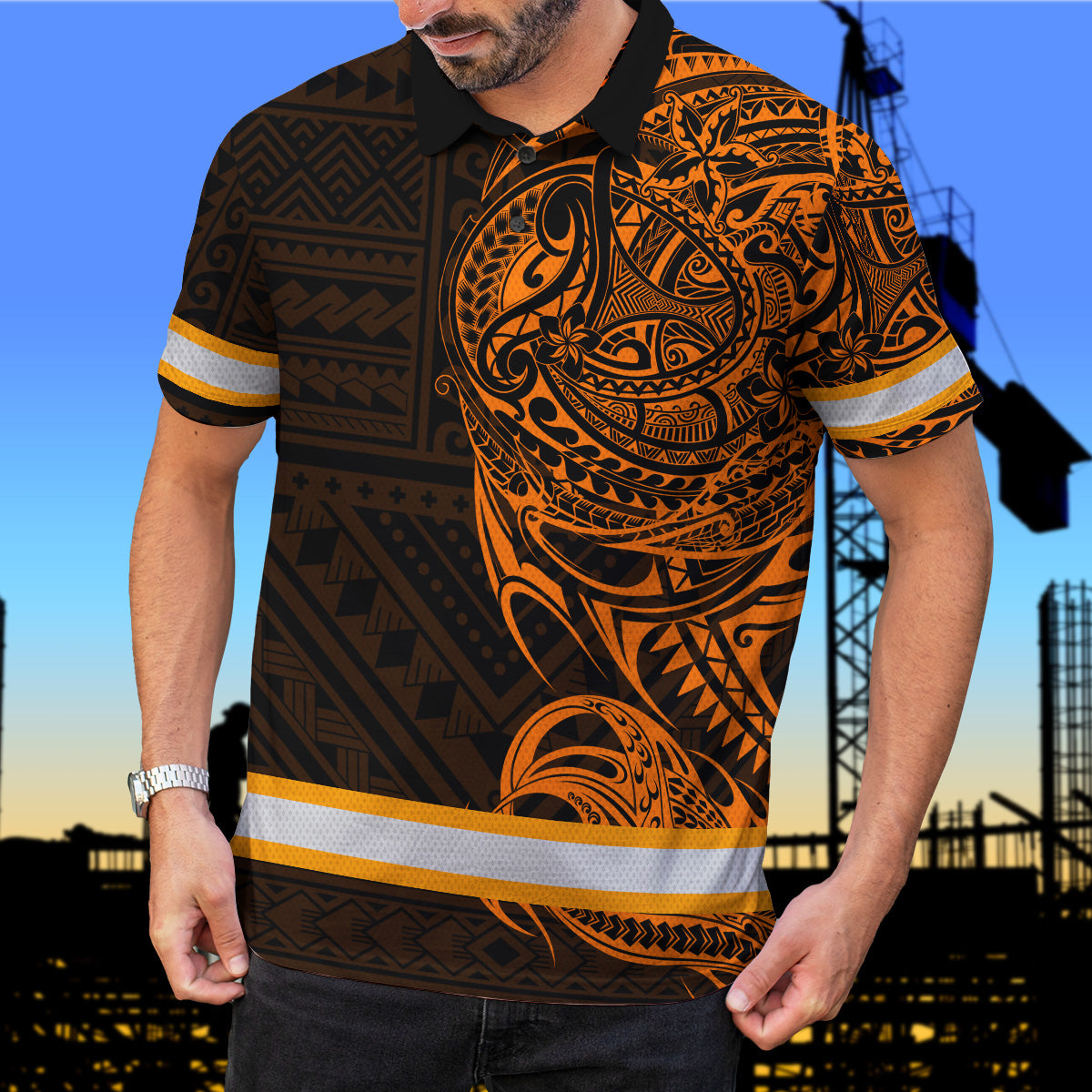 Hi Vis Polo Shirt Reflective Tapes Orange Neon Hawaiian Polynesian Tribal