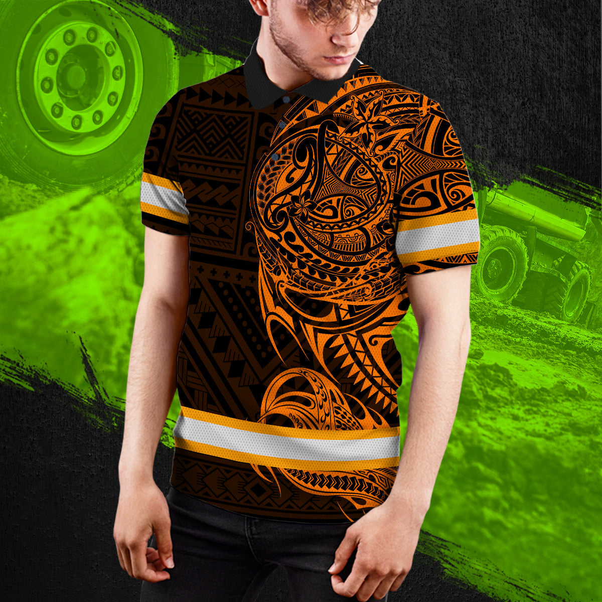 Hi Vis Polo Shirt Reflective Tapes Orange Neon Hawaiian Polynesian Tribal