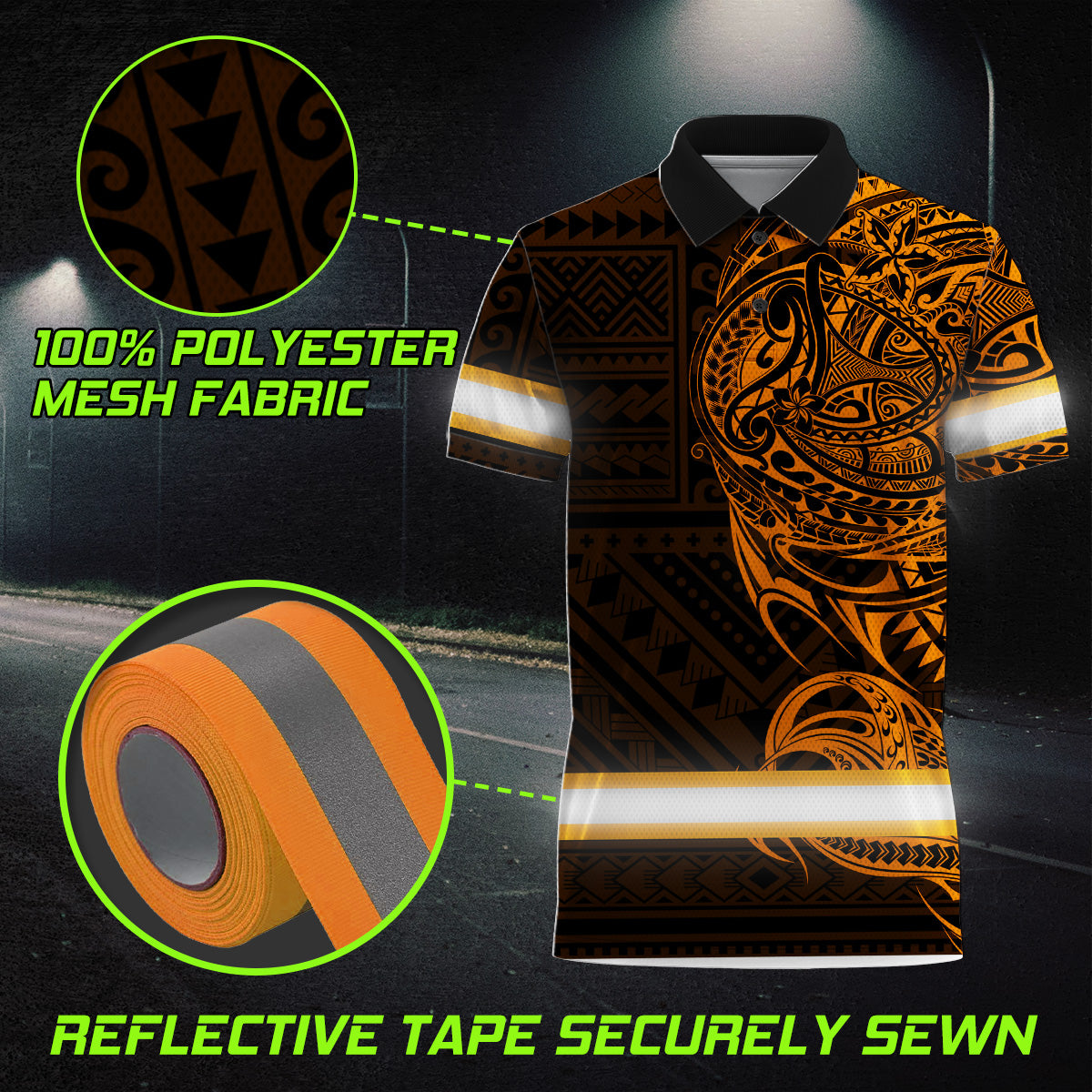 Hi Vis Polo Shirt Reflective Tapes Orange Neon Hawaiian Polynesian Tribal