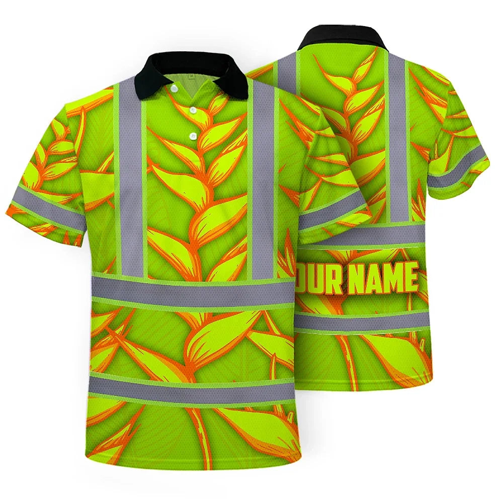 Hi Vis Polo Shirt Reflective Tapes Orange Neon Lime Heliconia Custom Name Safety Workwear For Workers, Truckers, Operators