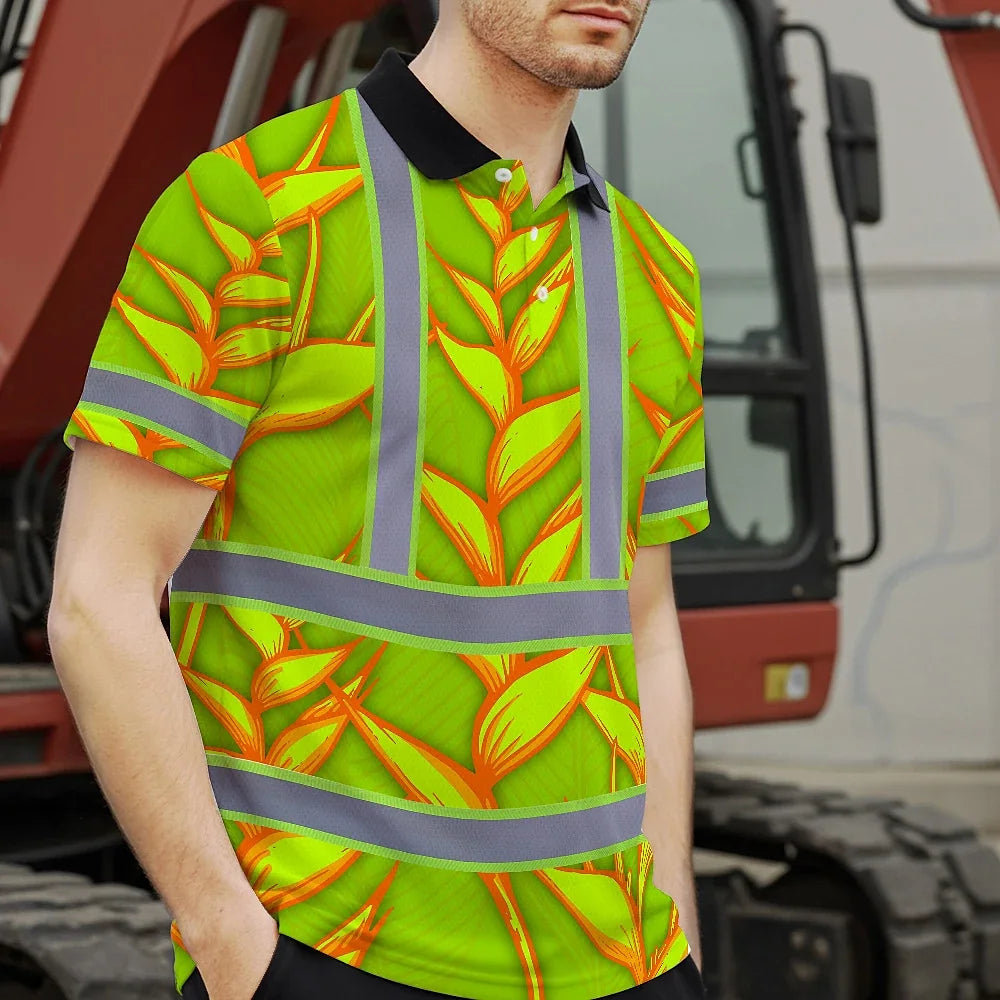 Hi Vis Polo Shirt Reflective Tapes Orange Neon Lime Heliconia Custom Name Safety Workwear For Workers, Truckers, Operators