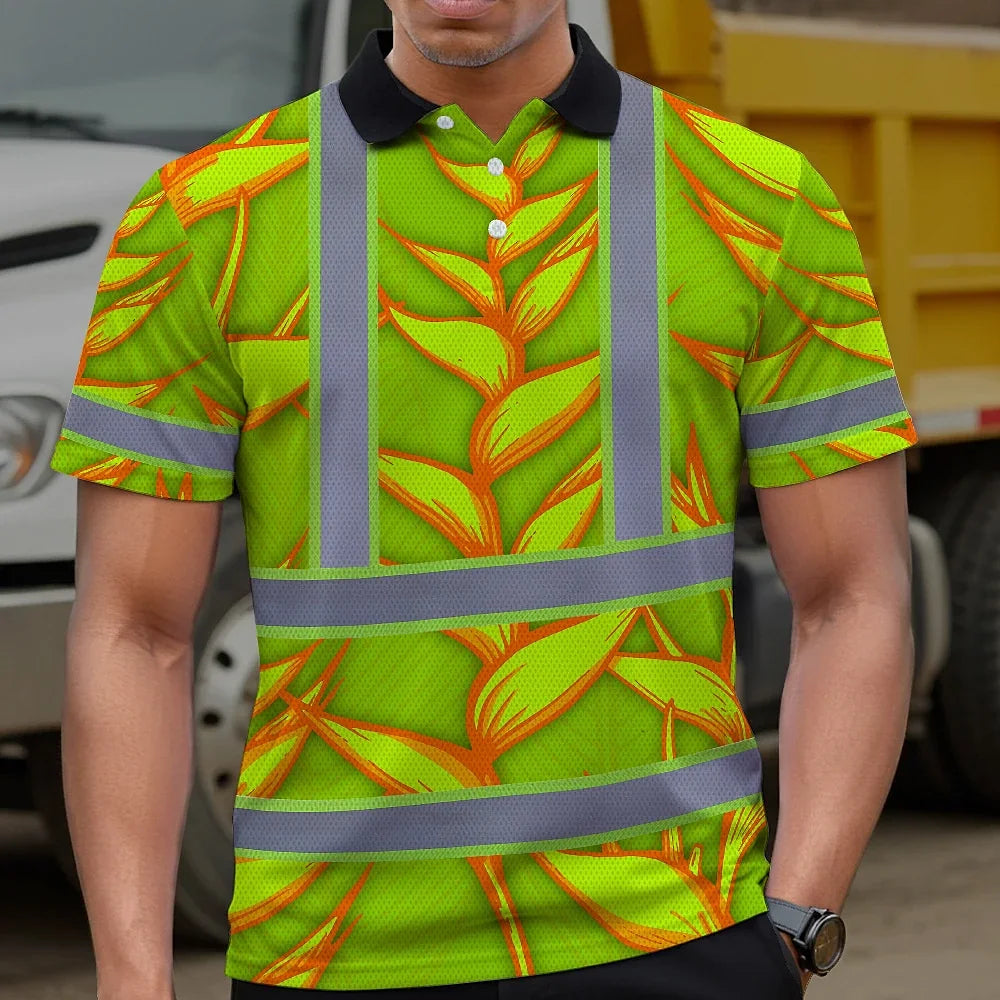 Hi Vis Polo Shirt Reflective Tapes Orange Neon Lime Heliconia Custom Name Safety Workwear For Workers, Truckers, Operators