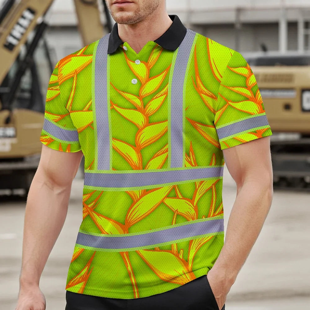 Hi Vis Polo Shirt Reflective Tapes Orange Neon Lime Heliconia Custom Name Safety Workwear For Workers, Truckers, Operators