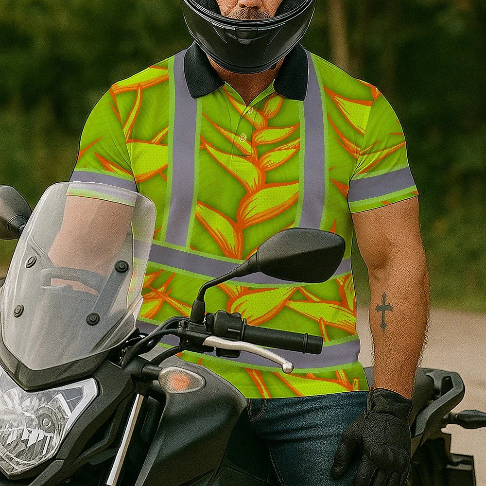 Hi Vis Polo Shirt Reflective Tapes Orange Neon Lime Heliconia Custom Name Safety Workwear For Workers, Truckers, Operators