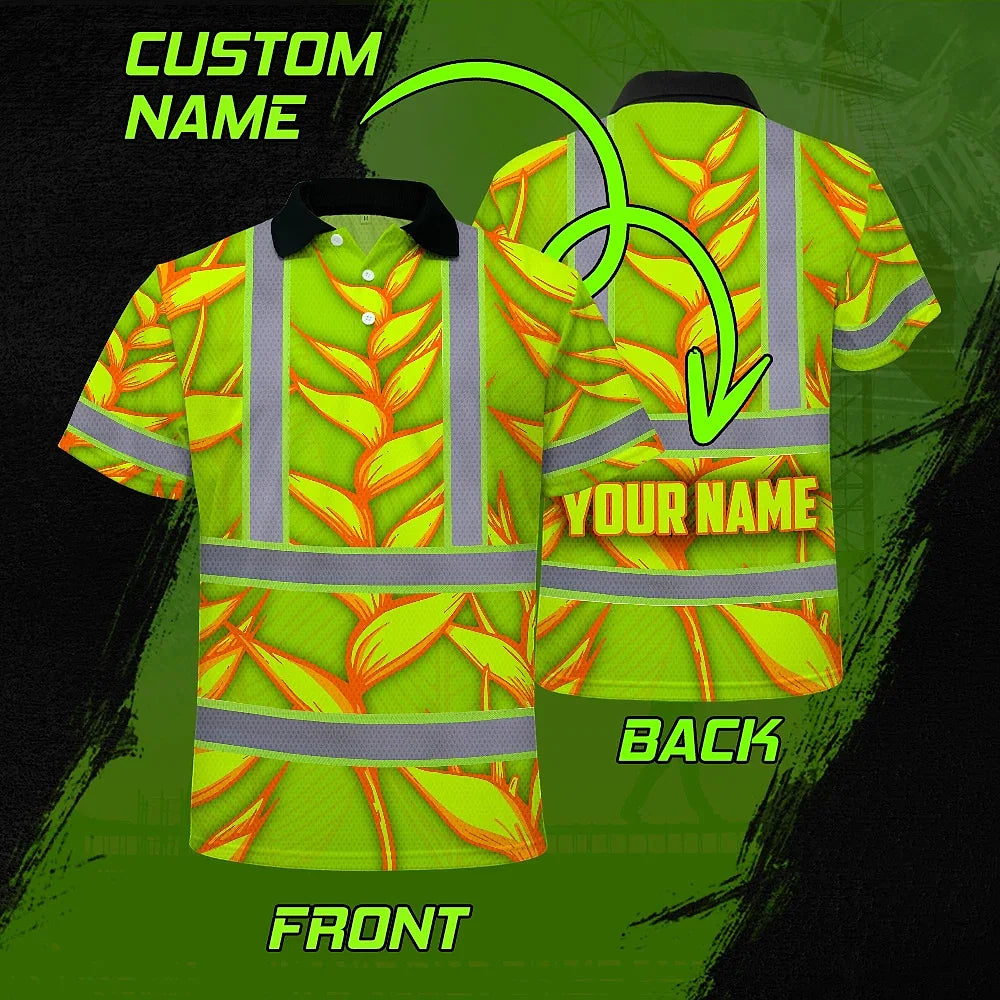 Hi Vis Polo Shirt Reflective Tapes Orange Neon Lime Heliconia Custom Name Safety Workwear For Workers, Truckers, Operators