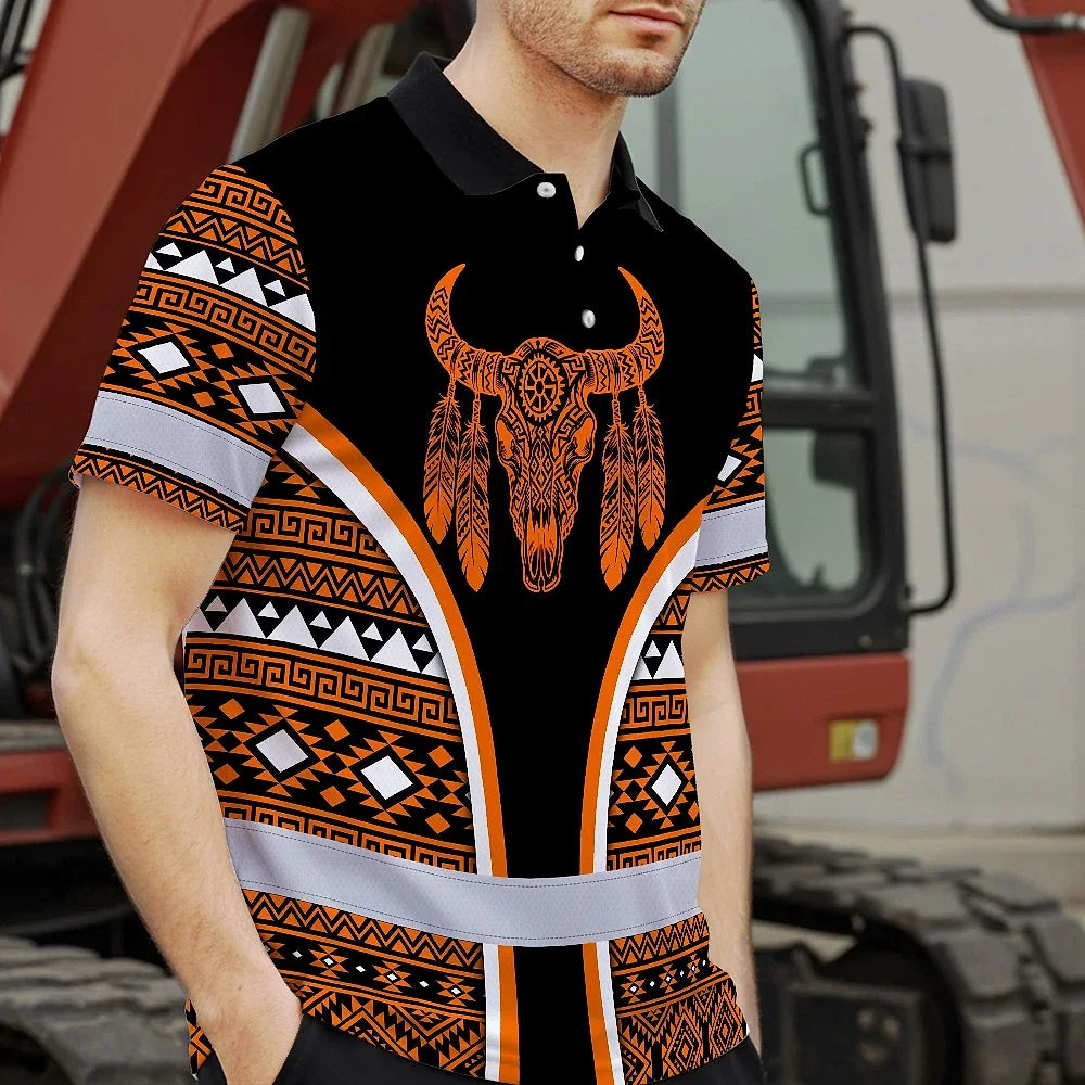 Hi Vis Polo Shirt Reflective Tapes Orange Neon Skull Native Custom Name Safety Workwear For Workers, Truckers, Operators