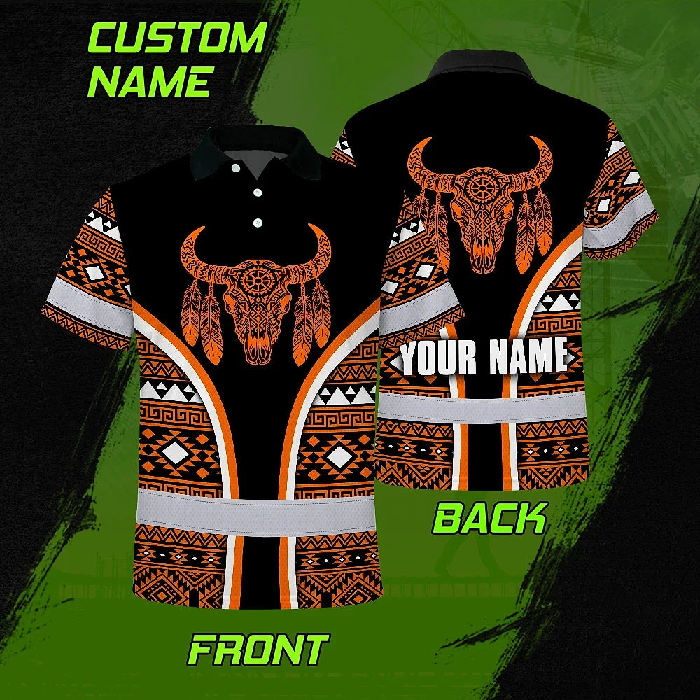 Hi Vis Polo Shirt Reflective Tapes Orange Neon Skull Native Custom Name Safety Workwear For Workers, Truckers, Operators