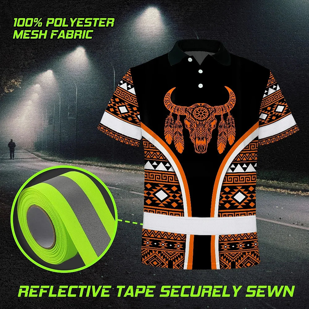 Hi Vis Polo Shirt Reflective Tapes Orange Neon Skull Native Custom Name Safety Workwear For Workers, Truckers, Operators