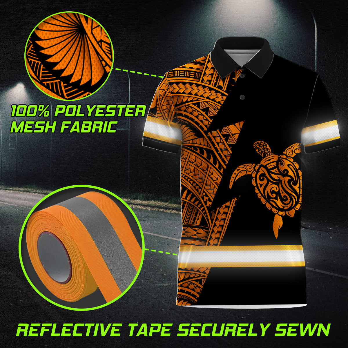 Hi Vis Polo Shirt Reflective Tapes Orange Neon Turtle Hawaii