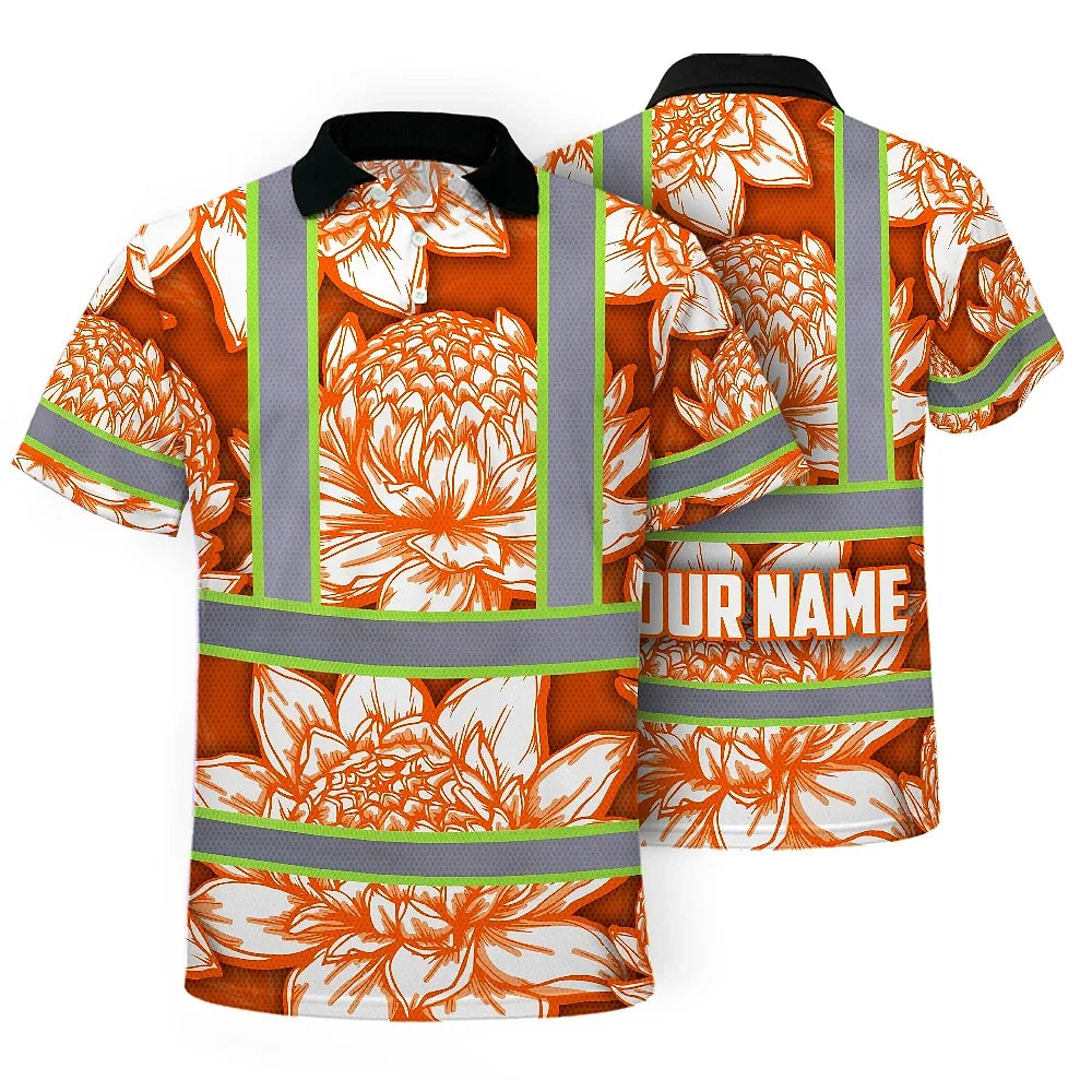 Hi Vis Polo Shirt Reflective Tapes Orange Neon White Protea Custom Name Safety Workwear For Workers, Truckers, Operators