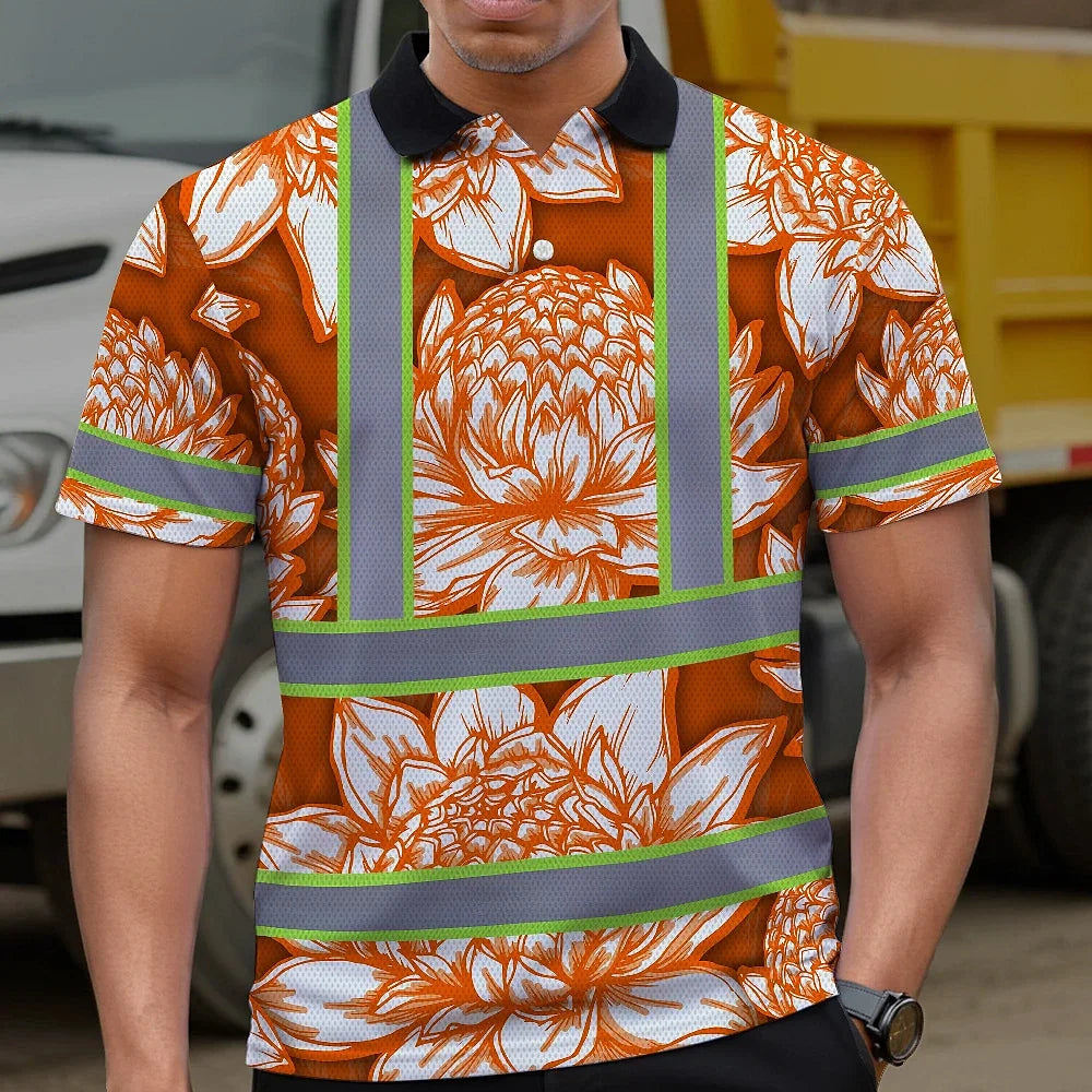 Hi Vis Polo Shirt Reflective Tapes Orange Neon White Protea Custom Name Safety Workwear For Workers, Truckers, Operators