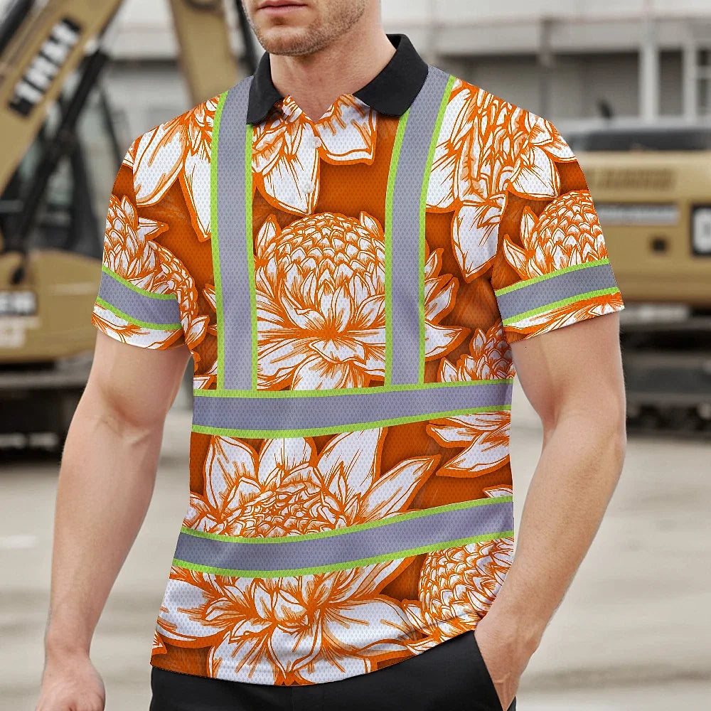 Hi Vis Polo Shirt Reflective Tapes Orange Neon White Protea Custom Name Safety Workwear For Workers, Truckers, Operators