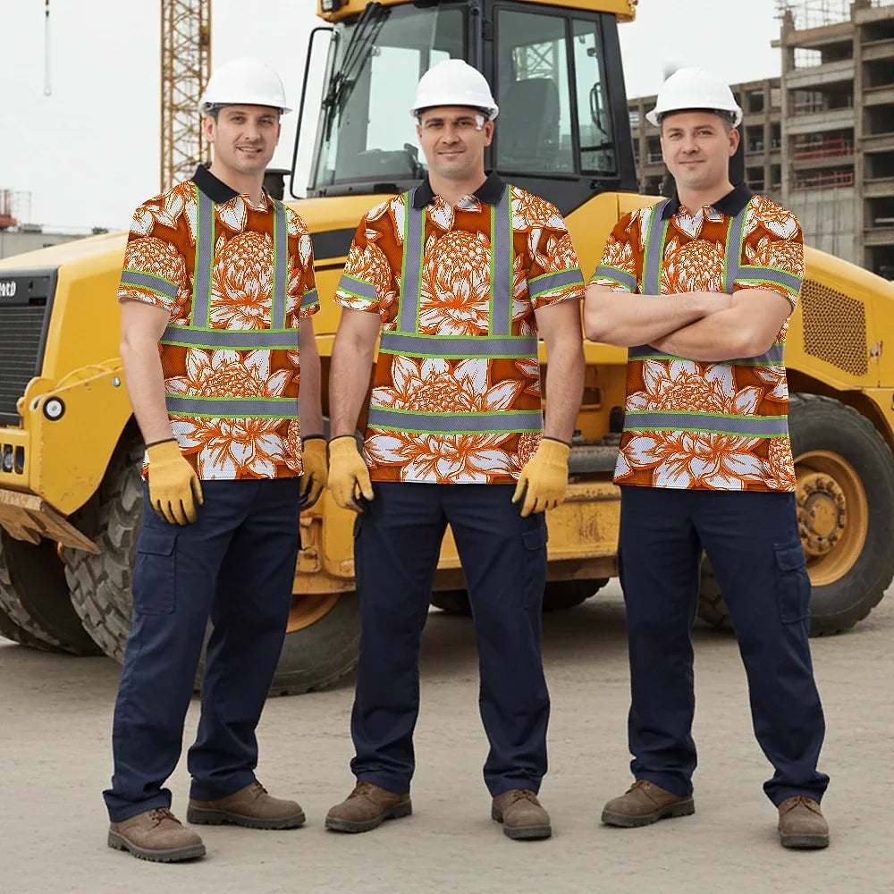 Hi Vis Polo Shirt Reflective Tapes Orange Neon White Protea Custom Name Safety Workwear For Workers, Truckers, Operators