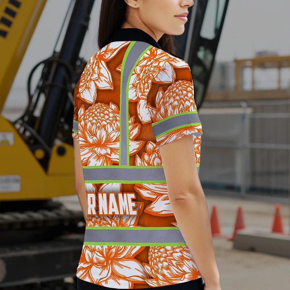 Hi Vis Polo Shirt Reflective Tapes Orange Neon White Protea Custom Name Safety Workwear For Workers, Truckers, Operators