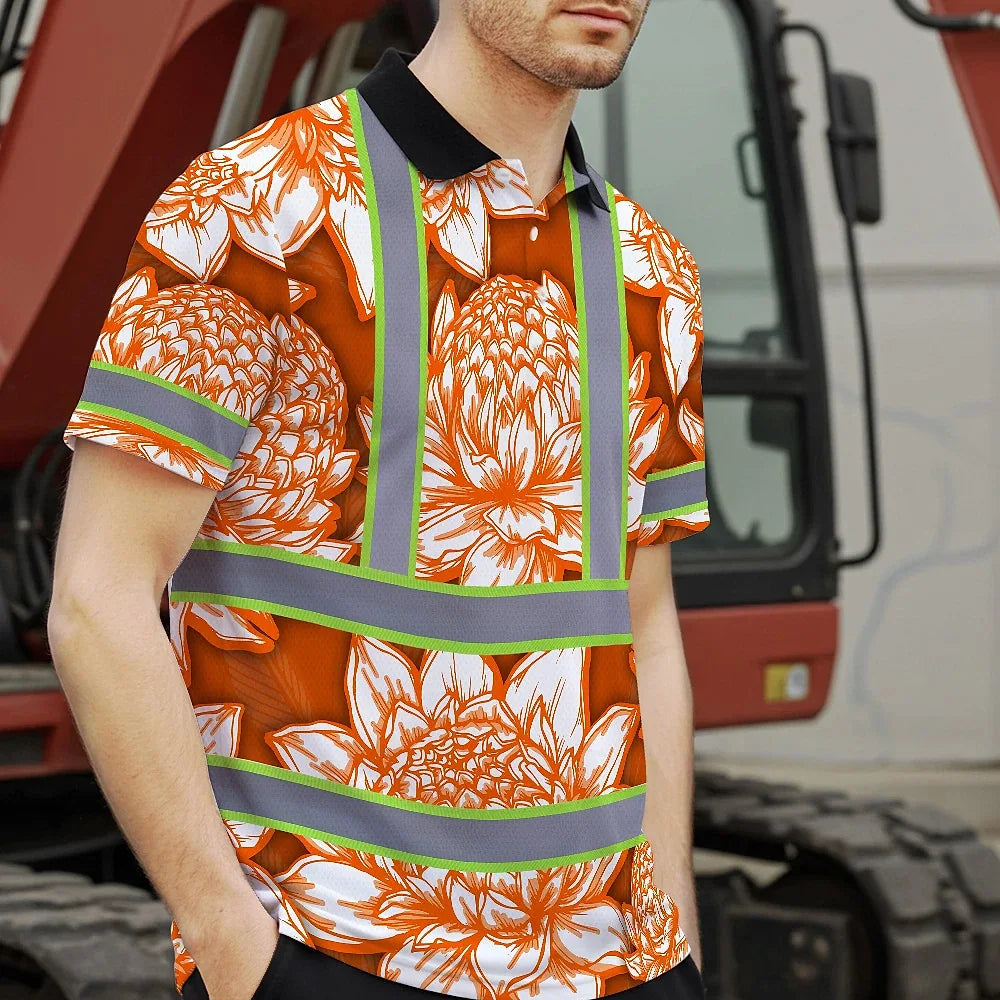 Hi Vis Polo Shirt Reflective Tapes Orange Neon White Protea Custom Name Safety Workwear For Workers, Truckers, Operators