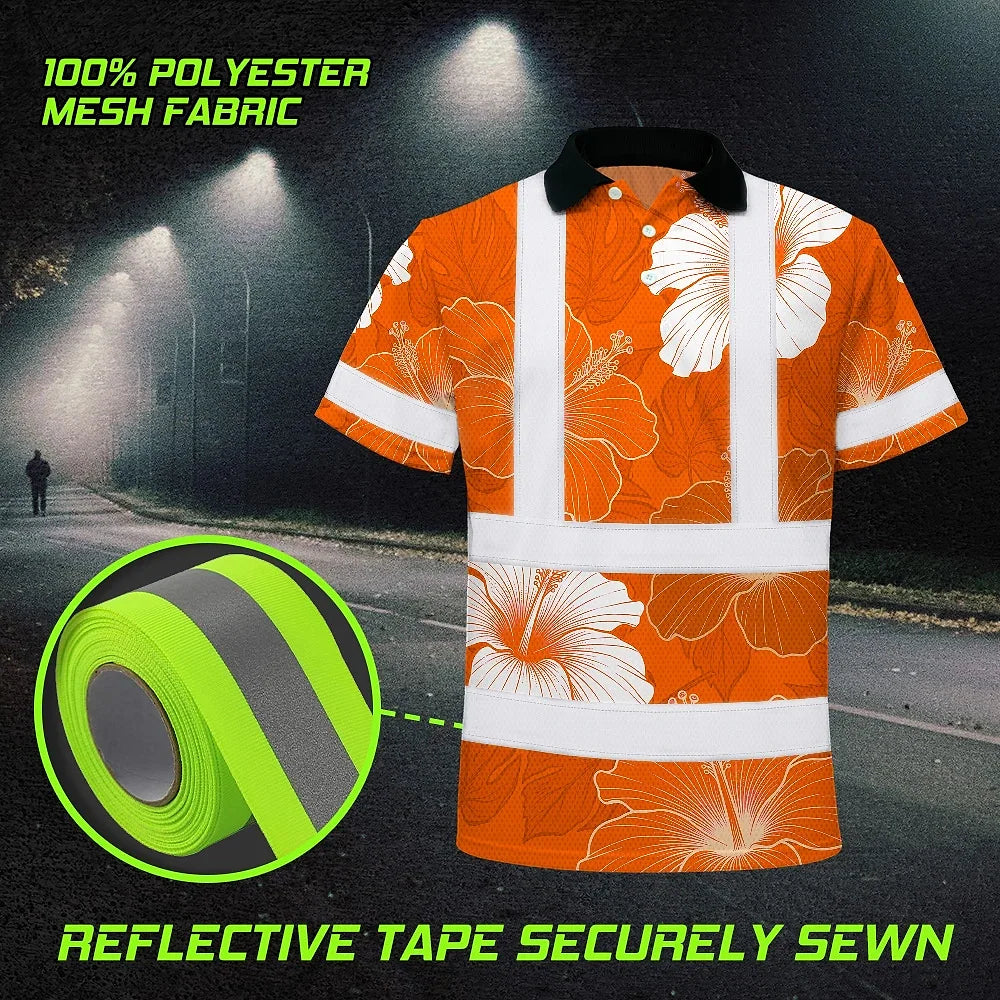 Hi Vis Polo Shirt Reflective Tapes Orange White Flowers Custom Name Safety Workwear For Workers, Truckers, Operators
