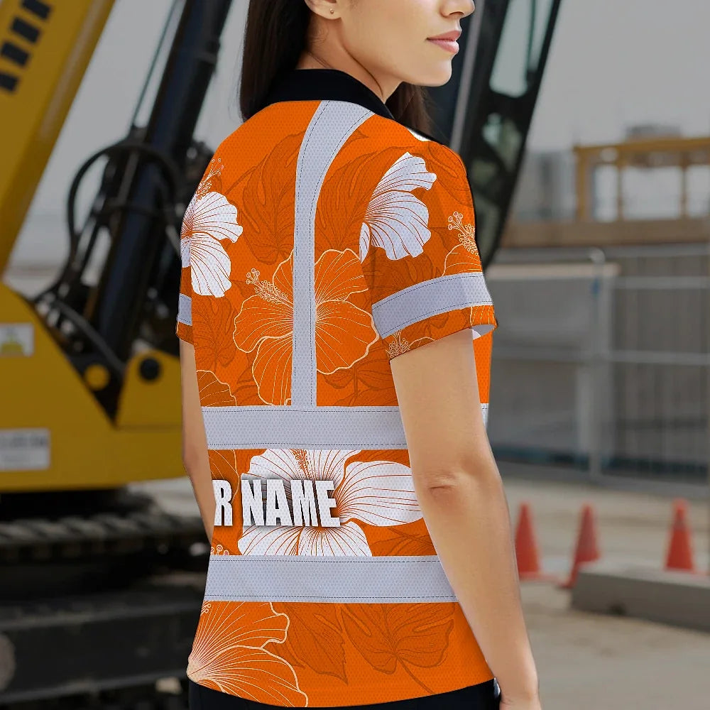 Hi Vis Polo Shirt Reflective Tapes Orange White Flowers Custom Name Safety Workwear For Workers, Truckers, Operators