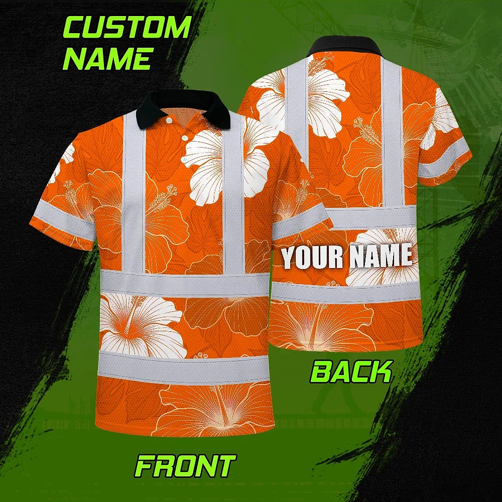 Hi Vis Polo Shirt Reflective Tapes Orange White Flowers Custom Name Safety Workwear For Workers, Truckers, Operators