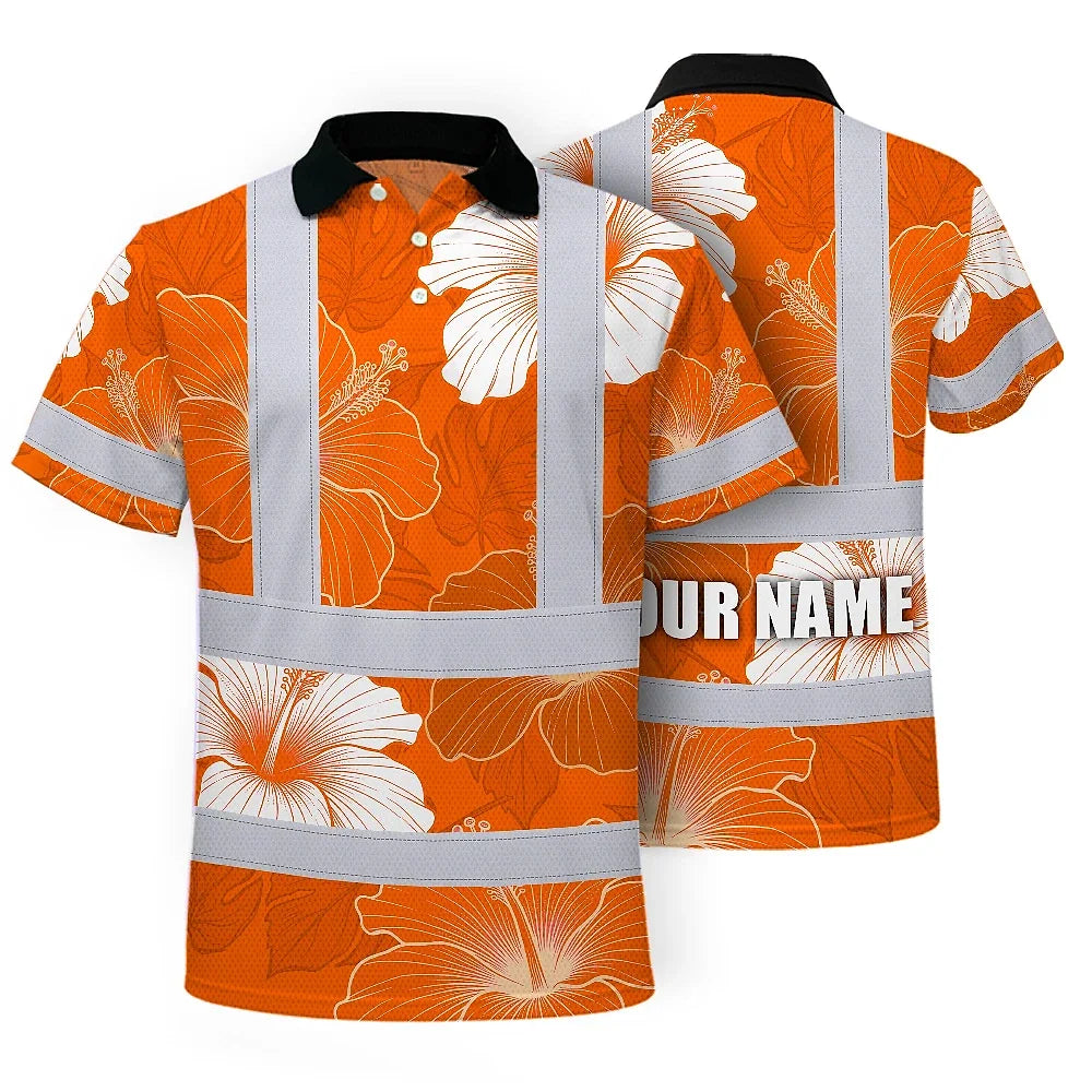 Hi Vis Polo Shirt Reflective Tapes Orange White Flowers Custom Name Safety Workwear For Workers, Truckers, Operators