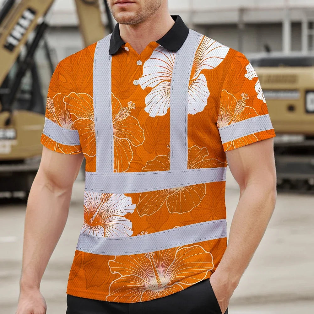 Hi Vis Polo Shirt Reflective Tapes Orange White Flowers Custom Name Safety Workwear For Workers, Truckers, Operators