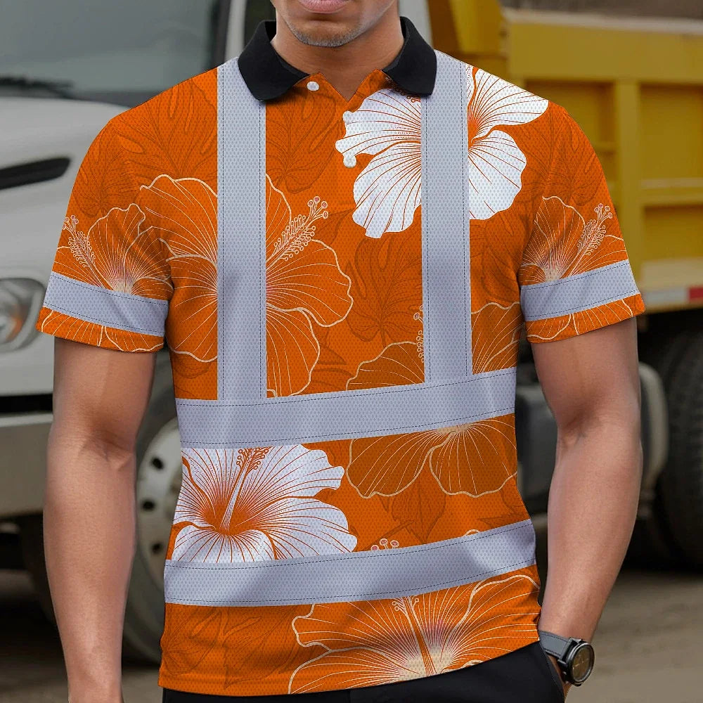 Hi Vis Polo Shirt Reflective Tapes Orange White Flowers Custom Name Safety Workwear For Workers, Truckers, Operators