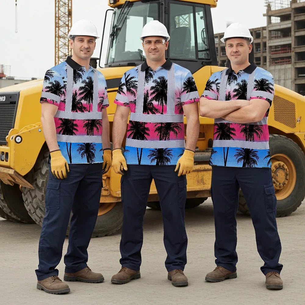 Hi Vis Polo Shirt Reflective Tapes Pink Blue Coconut Tree Custom Name Safety Workwear For Workers, Truckers, Operators