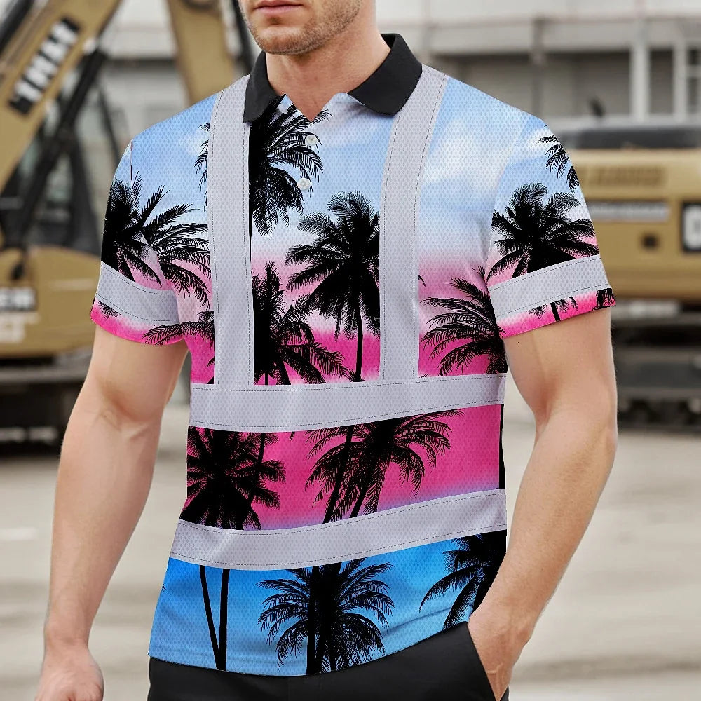 Hi Vis Polo Shirt Reflective Tapes Pink Blue Coconut Tree Custom Name Safety Workwear For Workers, Truckers, Operators