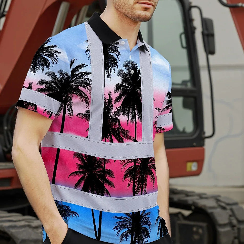 Hi Vis Polo Shirt Reflective Tapes Pink Blue Coconut Tree Custom Name Safety Workwear For Workers, Truckers, Operators
