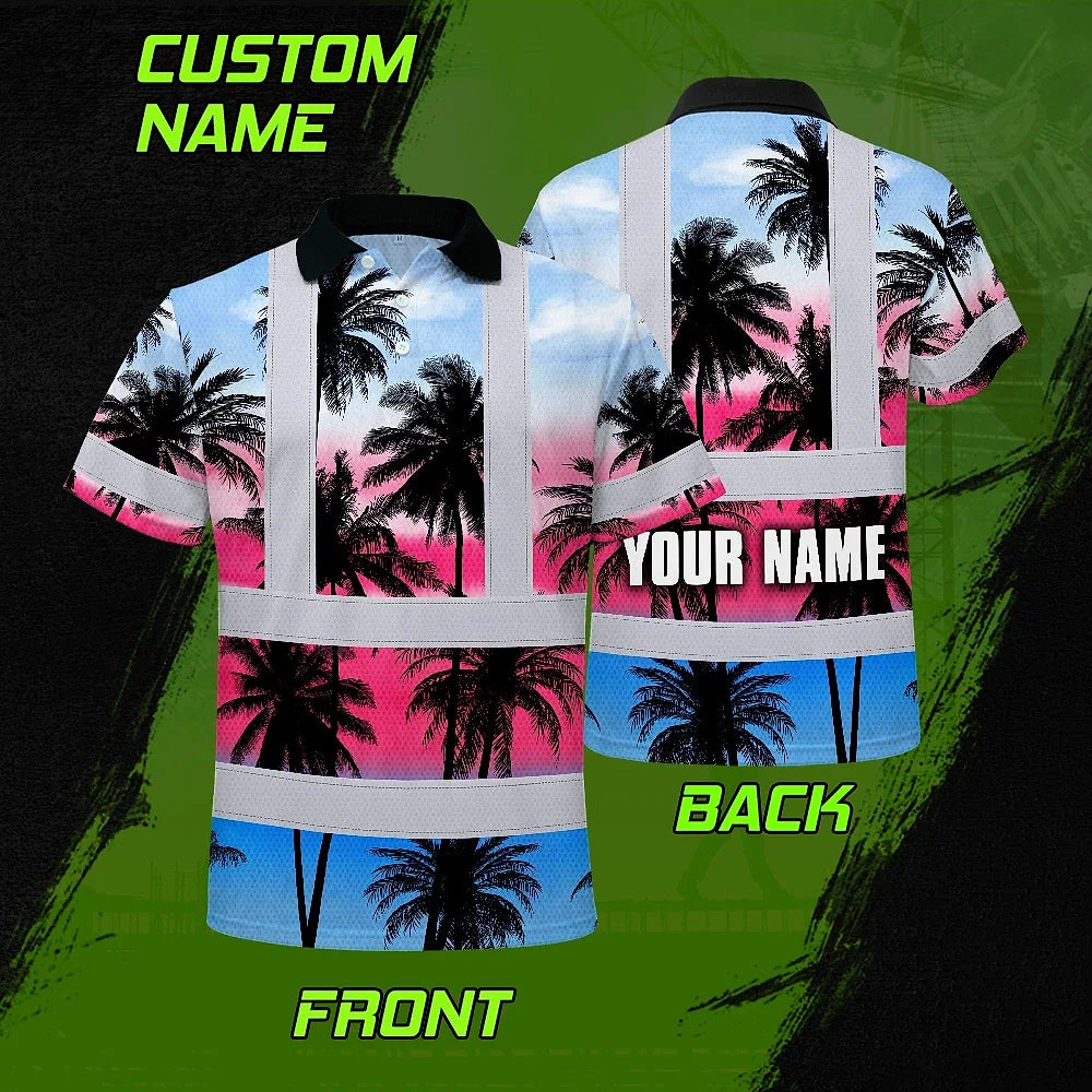 Hi Vis Polo Shirt Reflective Tapes Pink Blue Coconut Tree Custom Name Safety Workwear For Workers, Truckers, Operators