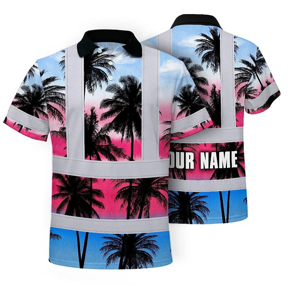 Hi Vis Polo Shirt Reflective Tapes Pink Blue Coconut Tree Custom Name Safety Workwear For Workers, Truckers, Operators