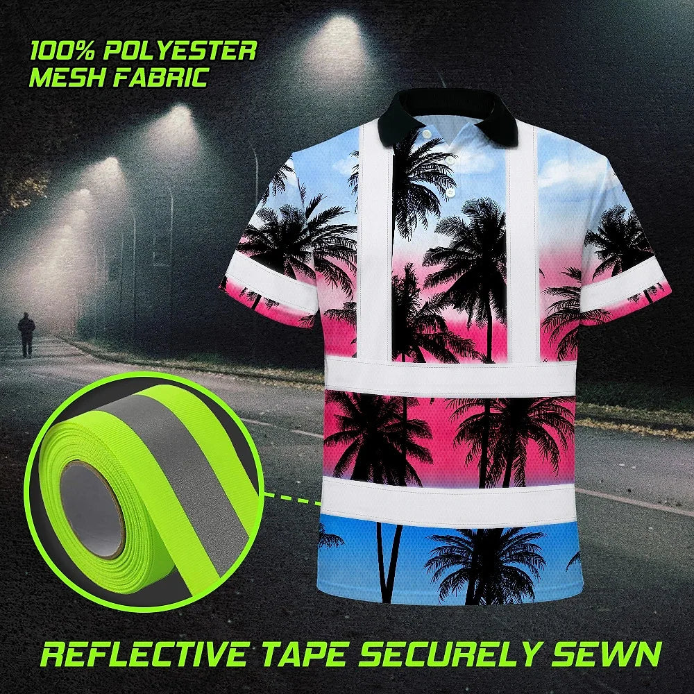 Hi Vis Polo Shirt Reflective Tapes Pink Blue Coconut Tree Custom Name Safety Workwear For Workers, Truckers, Operators