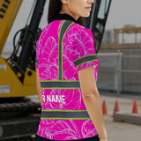 Hi Vis Polo Shirt Reflective Tapes Pink Neon And White Flowers Custom Name Safety Workwear For Workers, Truckers, Operators