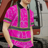 Hi Vis Polo Shirt Reflective Tapes Pink Neon And White Flowers Custom Name Safety Workwear For Workers, Truckers, Operators