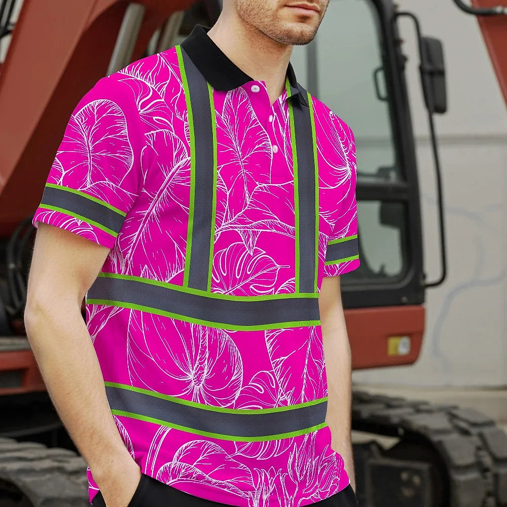 Hi Vis Polo Shirt Reflective Tapes Pink Neon And White Flowers Custom Name Safety Workwear For Workers, Truckers, Operators