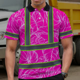 Hi Vis Polo Shirt Reflective Tapes Pink Neon And White Flowers Custom Name Safety Workwear For Workers, Truckers, Operators