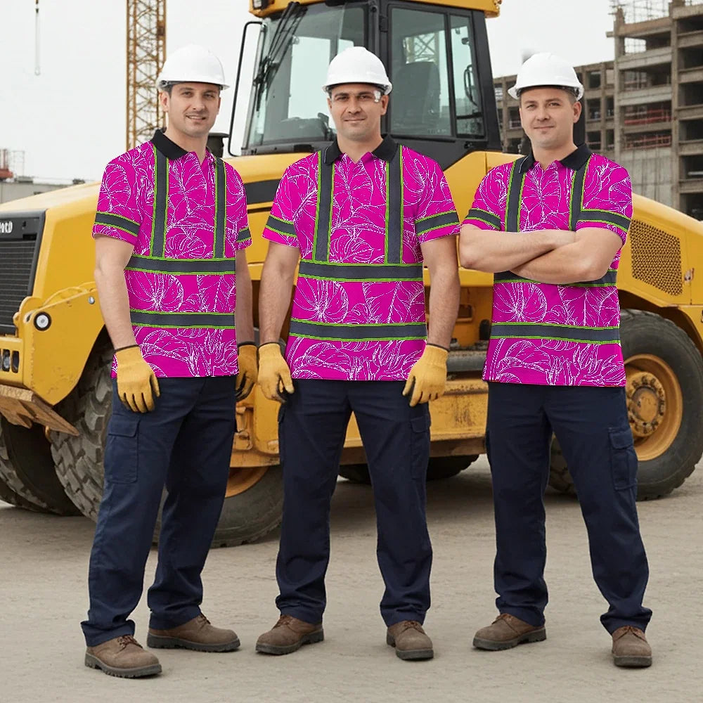 Hi Vis Polo Shirt Reflective Tapes Pink Neon And White Flowers Custom Name Safety Workwear For Workers, Truckers, Operators