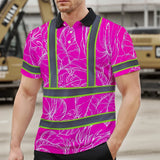 Hi Vis Polo Shirt Reflective Tapes Pink Neon And White Flowers Custom Name Safety Workwear For Workers, Truckers, Operators
