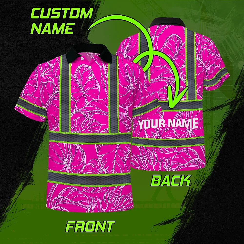 Hi Vis Polo Shirt Reflective Tapes Pink Neon And White Flowers Custom Name Safety Workwear For Workers, Truckers, Operators