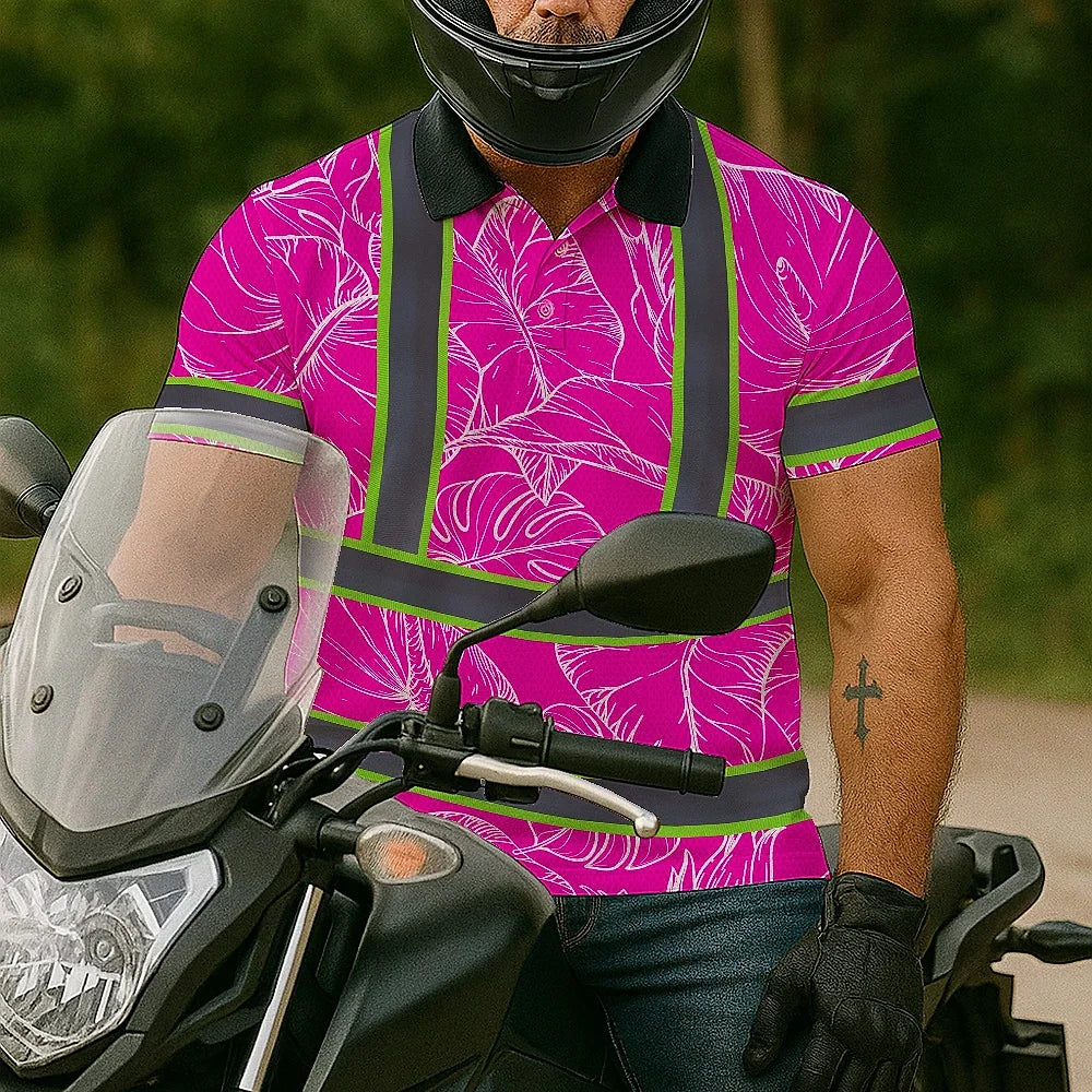 Hi Vis Polo Shirt Reflective Tapes Pink Neon And White Flowers Custom Name Safety Workwear For Workers, Truckers, Operators