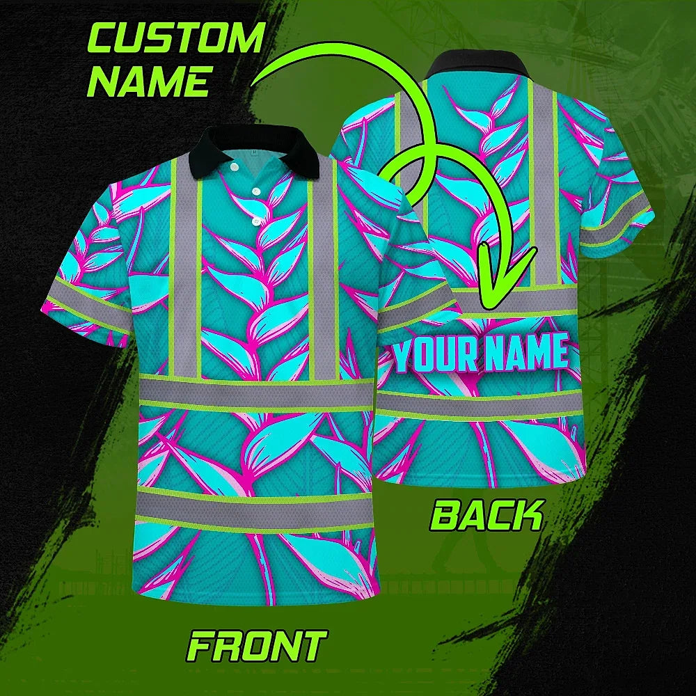 Hi Vis Polo Shirt Reflective Tapes Pink Neon Blue Heliconia Custom Name Safety Workwear For Workers, Truckers, Operators