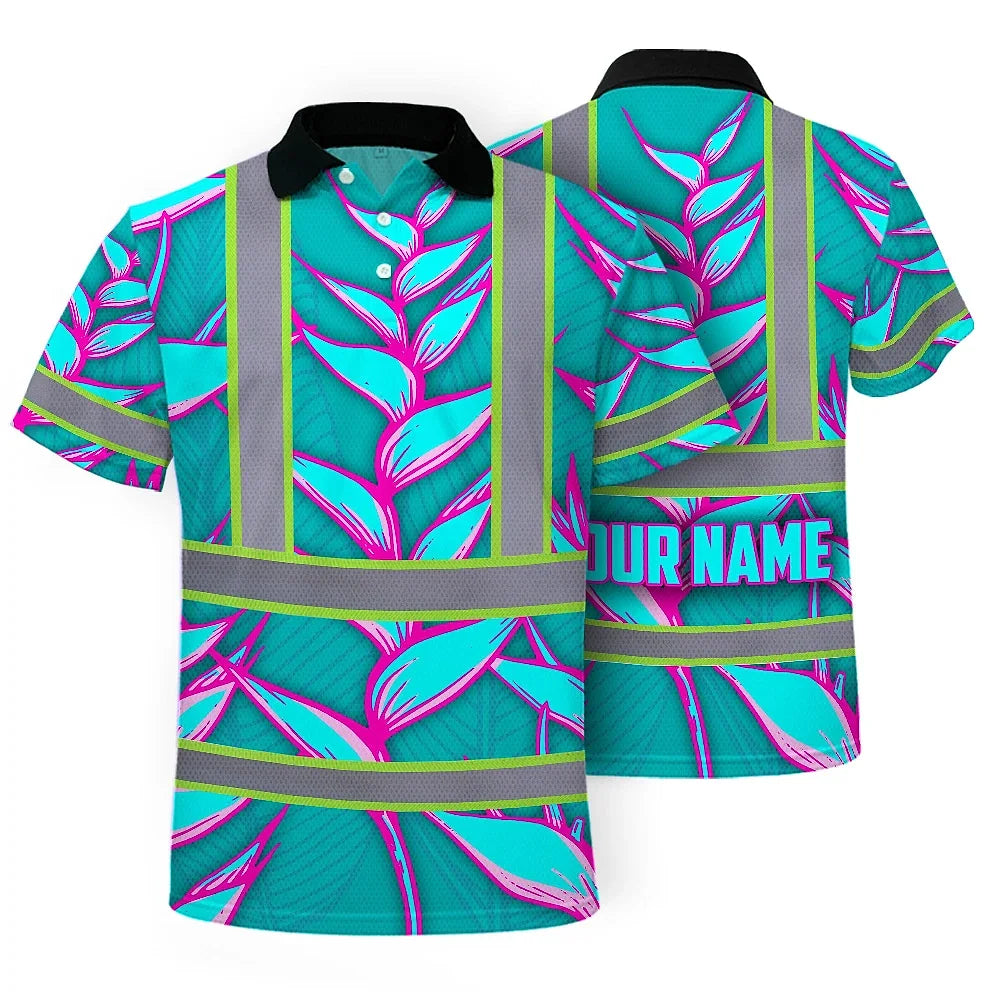 Hi Vis Polo Shirt Reflective Tapes Pink Neon Blue Heliconia Custom Name Safety Workwear For Workers, Truckers, Operators