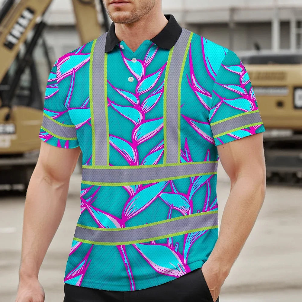 Hi Vis Polo Shirt Reflective Tapes Pink Neon Blue Heliconia Custom Name Safety Workwear For Workers, Truckers, Operators