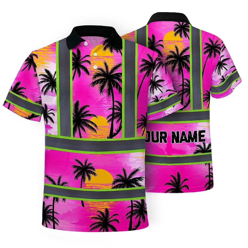 Hi Vis Polo Shirt Reflective Tapes Pink Neon Flowers Custom Name