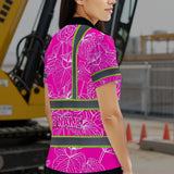 Hi Vis Polo Shirt Reflective Tapes Pink Neon Flowers Custom Name Safety Workwear For Workers, Truckers, Operators
