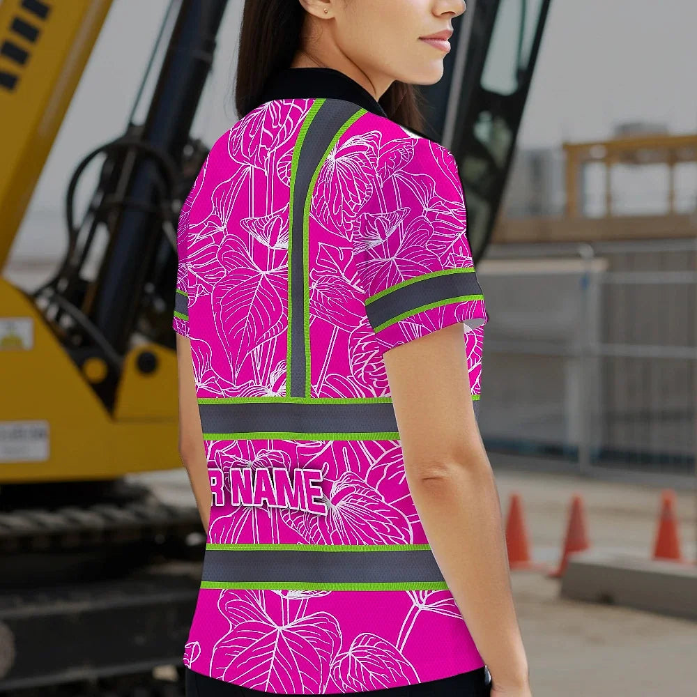 Hi Vis Polo Shirt Reflective Tapes Pink Neon Flowers Custom Name Safety Workwear For Workers, Truckers, Operators