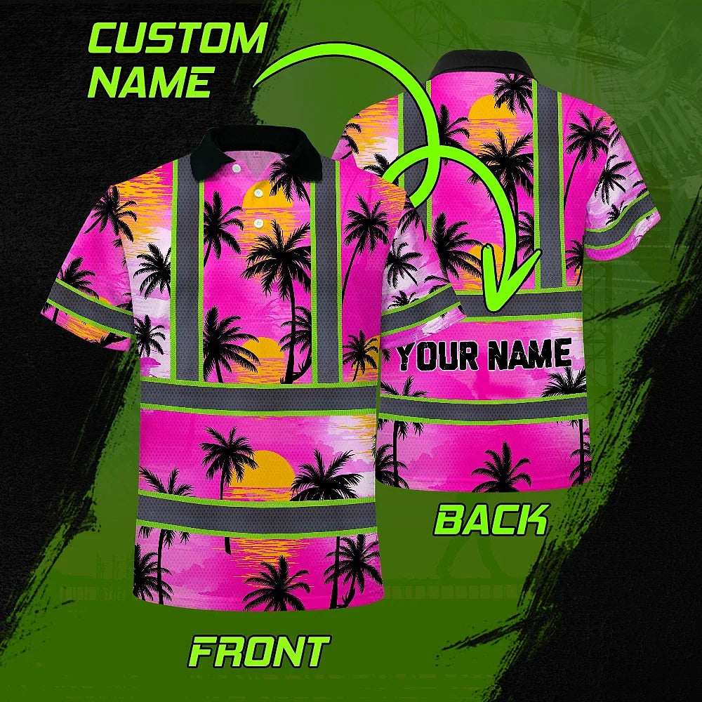 Hi Vis Polo Shirt Reflective Tapes Pink Neon Flowers Custom Name