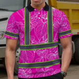 Hi Vis Polo Shirt Reflective Tapes Pink Neon Flowers Custom Name Safety Workwear For Workers, Truckers, Operators