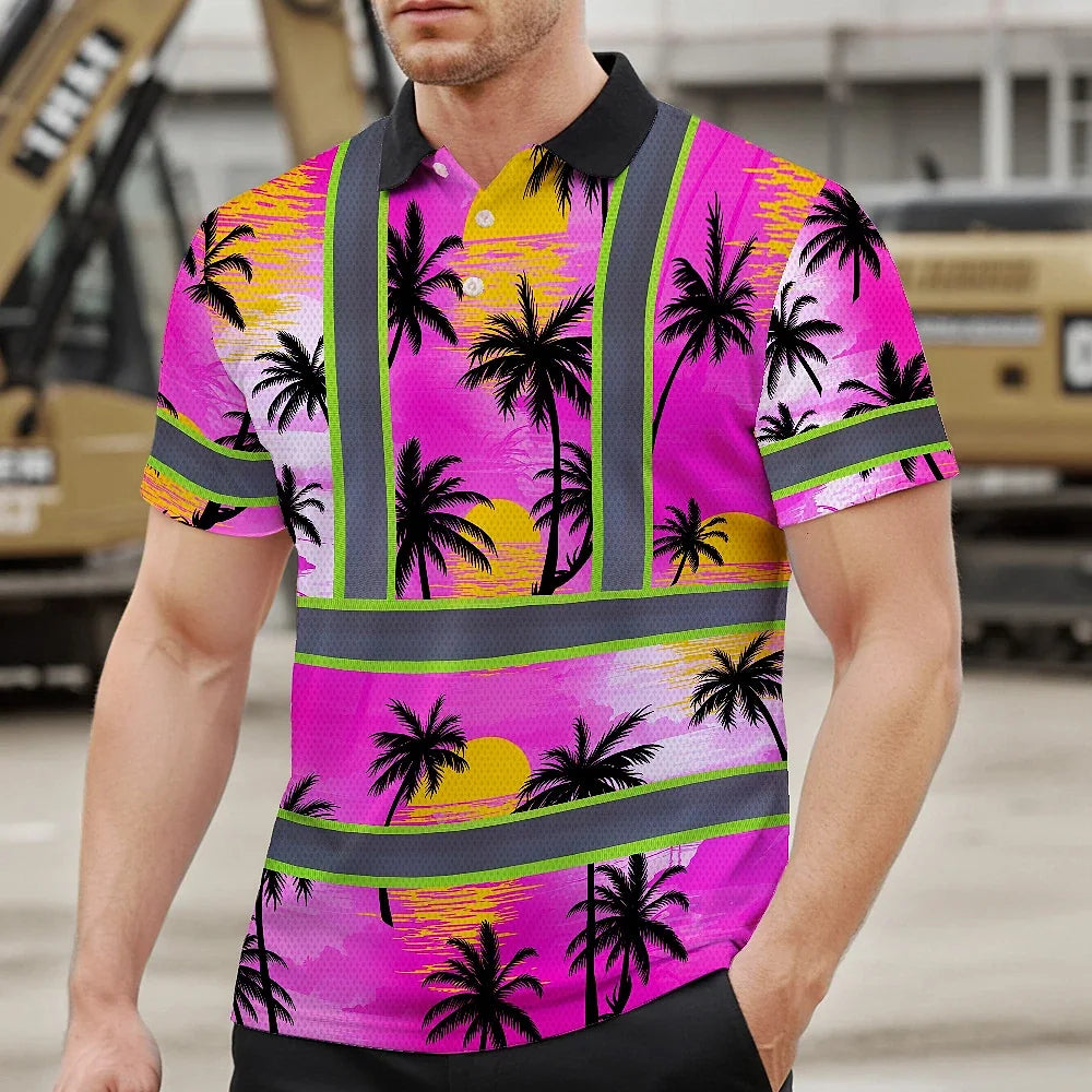 Hi Vis Polo Shirt Reflective Tapes Pink Neon Flowers Custom Name