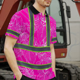 Hi Vis Polo Shirt Reflective Tapes Pink Neon Flowers Custom Name Safety Workwear For Workers, Truckers, Operators